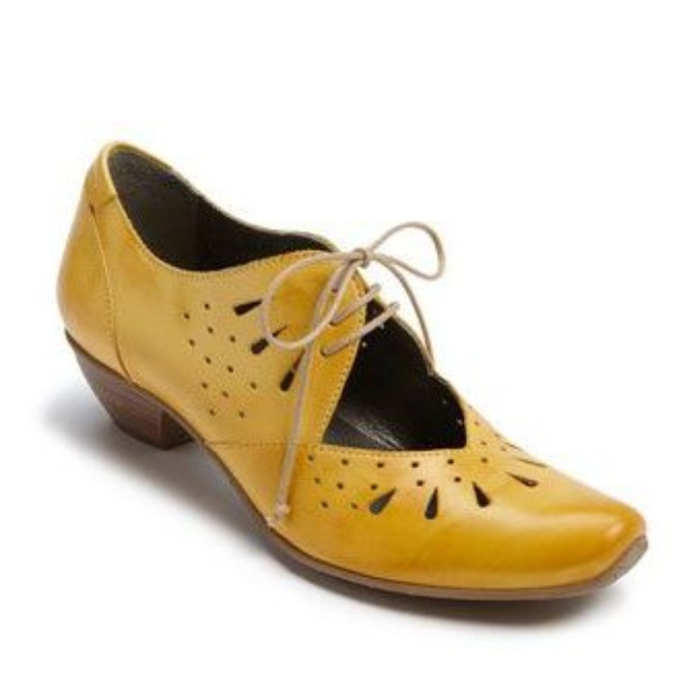 FIDJI Yellow Cutout Leather Bianca Pump Lace-Up Mary Jane sz 40/8 Women's Shoes - Picture 1 of 12